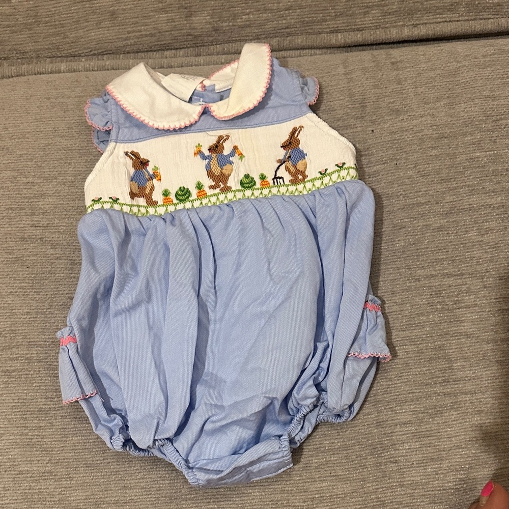 Smocked Blue Bunny “Peter rabbit” One-Piece Romper for Baby with ruffles